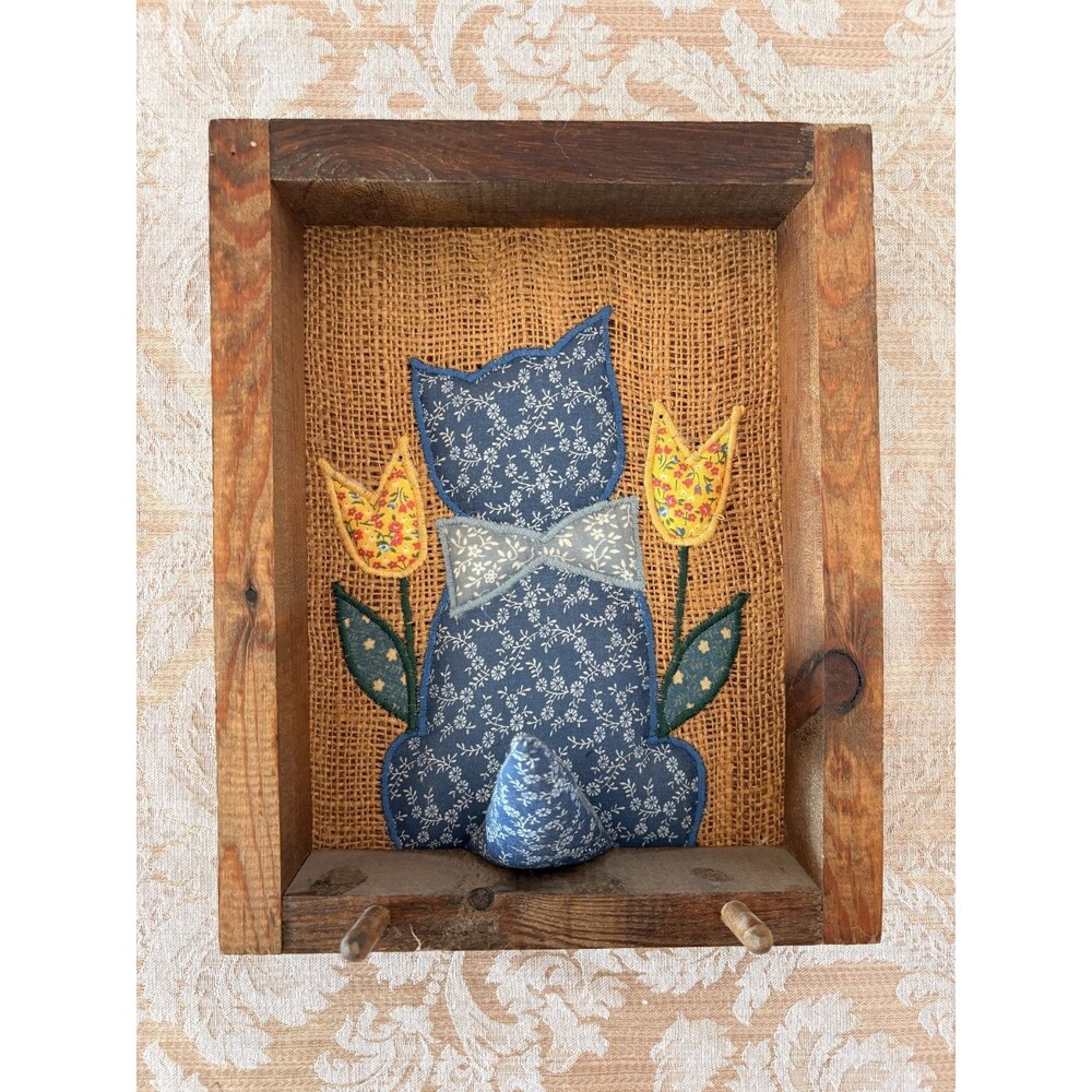 Cotttagecore Handmade Framed Quilted Cats Floral Scene with Pegs Key Hook 8x10